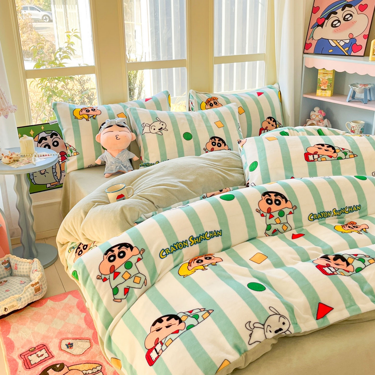 91家纺网 家纺一手货源 找家纺 桃子家居 2026新款A类蜡笔小新正版授权卡通加厚高克重牛奶绒系列四件套 绒-贪睡小新