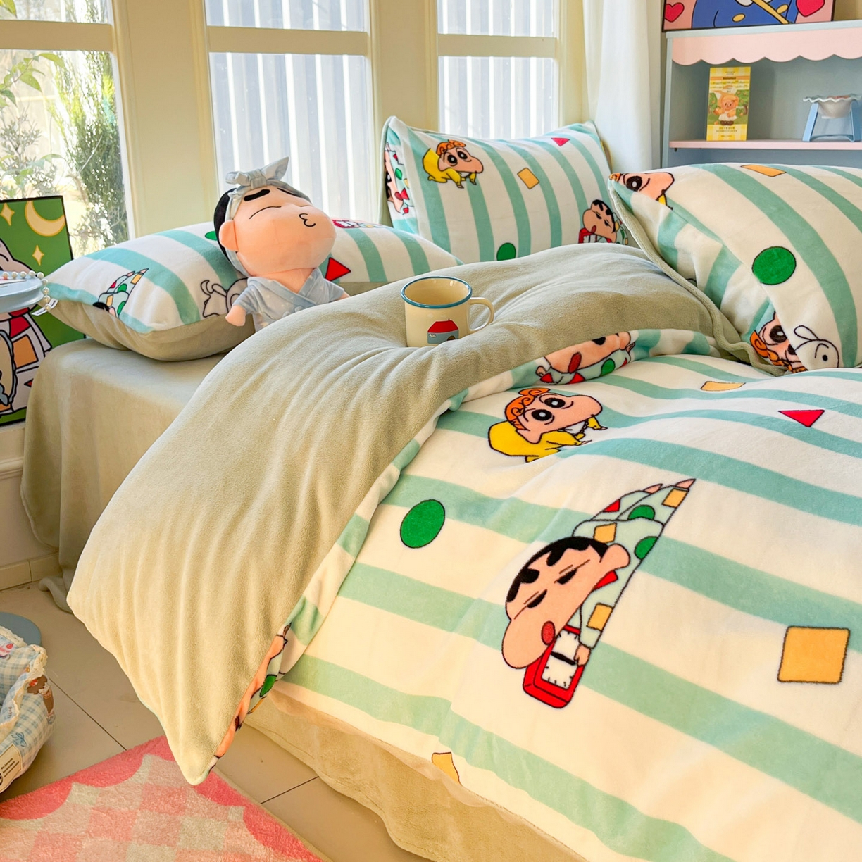 91家纺网 家纺一手货源 找家纺 桃子家居 2026新款A类蜡笔小新正版授权卡通加厚高克重牛奶绒系列四件套 绒-贪睡小新