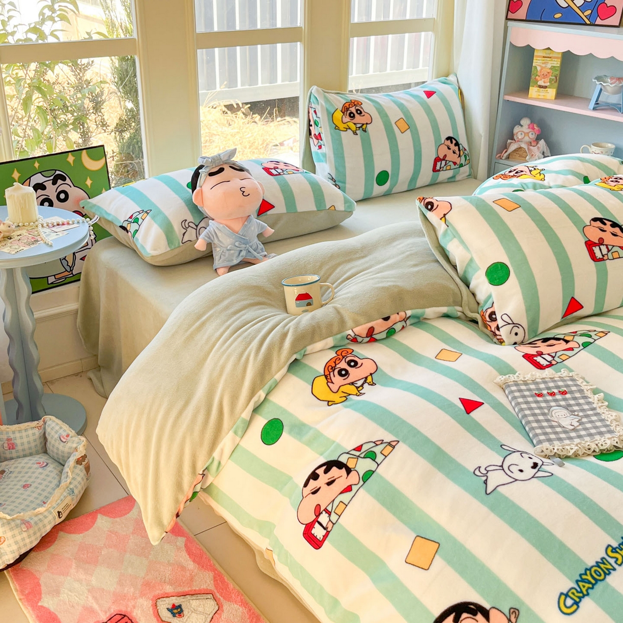 91家纺网 家纺一手货源 找家纺 桃子家居 2026新款A类蜡笔小新正版授权卡通加厚高克重牛奶绒系列四件套 绒-贪睡小新