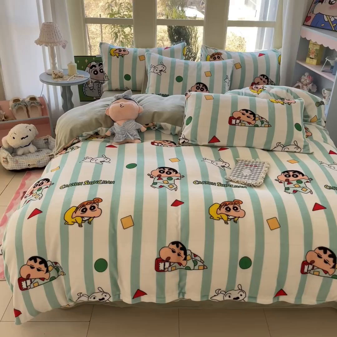 91家纺网 家纺一手货源 找家纺 桃子家居 2026新款A类蜡笔小新正版授权卡通加厚高克重牛奶绒系列四件套 绒-贪睡小新
