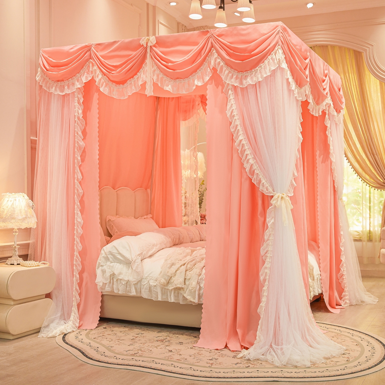 91家纺网 家纺一手货源 找家纺 （总）艾晶美家纺有限公司 2026新款法式公主风 双杆双层落地床幔遮光蚊帐