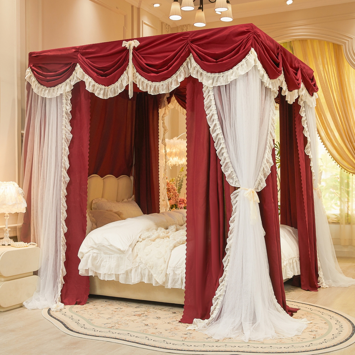 91家纺网 家纺一手货源 找家纺 （总）艾晶美家纺有限公司 2026新款法式公主风 双杆双层落地床幔遮光蚊帐