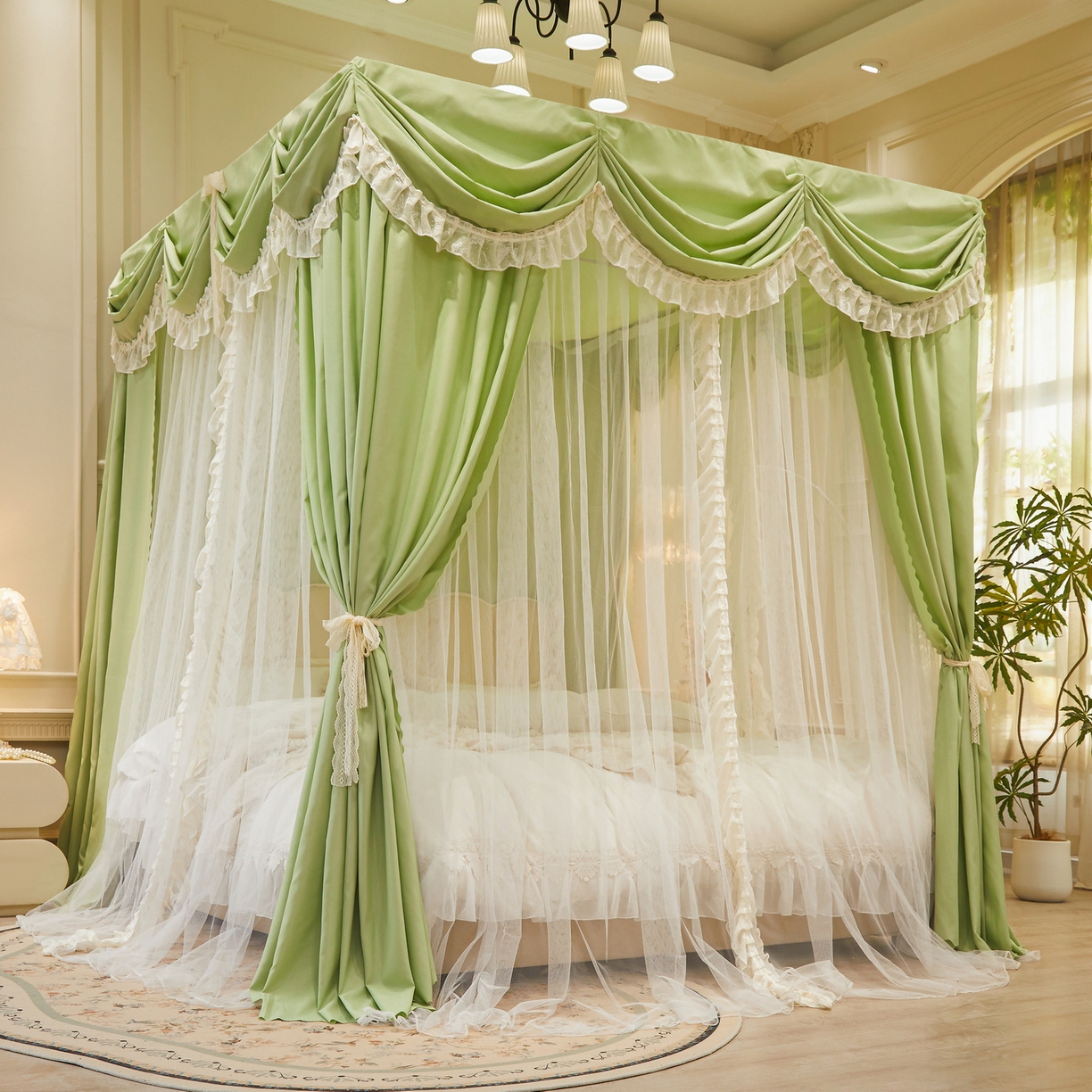 91家纺网 家纺一手货源 找家纺 艾晶美家纺有限公司 2026新款法式公主风 双杆双层落地床幔遮光蚊帐 蝶影栖纱-荷绿