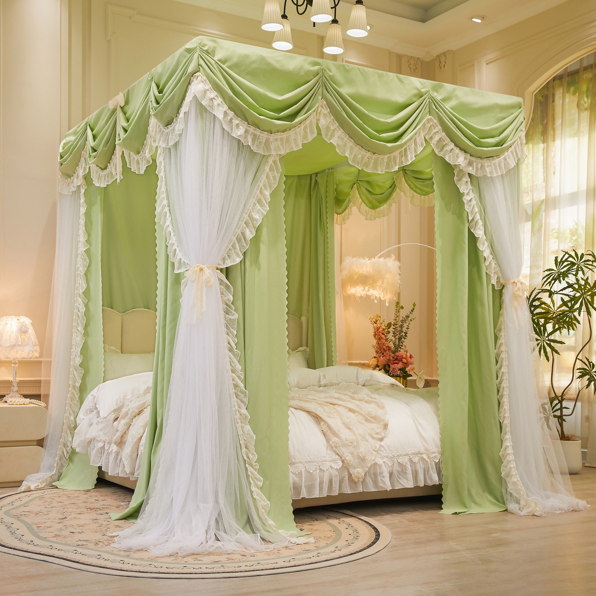 91家纺网 家纺一手货源 找家纺 艾晶美家纺有限公司 2026新款法式公主风 双杆双层落地床幔遮光蚊帐 蝶影栖纱-荷绿