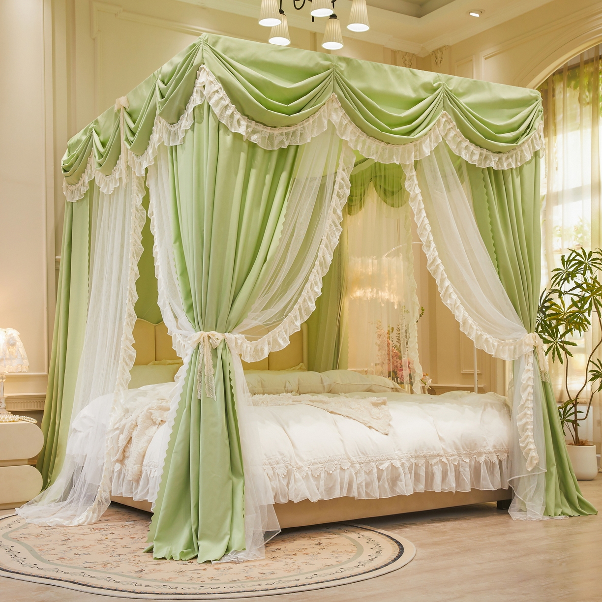 91家纺网 家纺一手货源 找家纺 艾晶美家纺有限公司 2026新款法式公主风 双杆双层落地床幔遮光蚊帐 蝶影栖纱-荷绿
