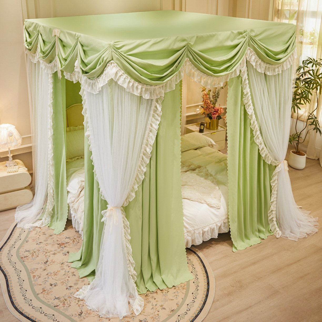 91家纺网 家纺一手货源 找家纺 艾晶美家纺有限公司 2026新款法式公主风 双杆双层落地床幔遮光蚊帐 蝶影栖纱-荷绿