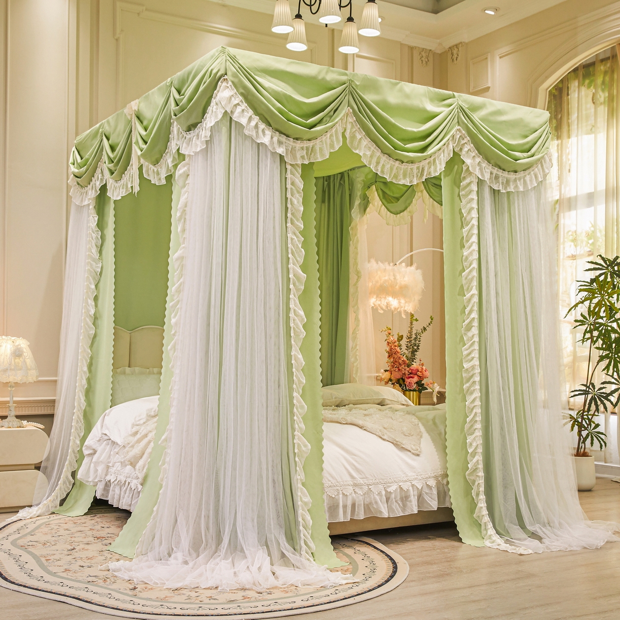 91家纺网 家纺一手货源 找家纺 艾晶美家纺有限公司 2026新款法式公主风 双杆双层落地床幔遮光蚊帐 蝶影栖纱-荷绿