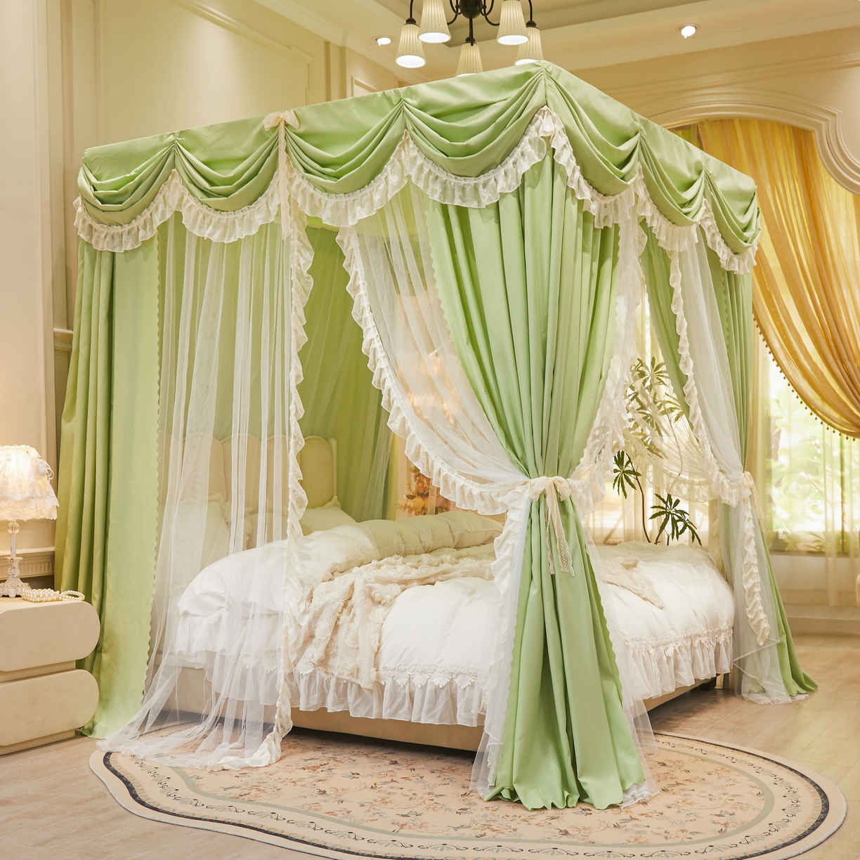 91家纺网 家纺一手货源 找家纺 艾晶美家纺有限公司 2026新款法式公主风 双杆双层落地床幔遮光蚊帐 蝶影栖纱-荷绿