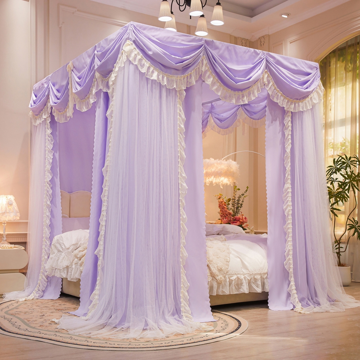 91家纺网 家纺一手货源 找家纺 艾晶美家纺有限公司 2026新款法式公主风 双杆双层落地床幔遮光蚊帐 蝶影栖纱-鸢紫