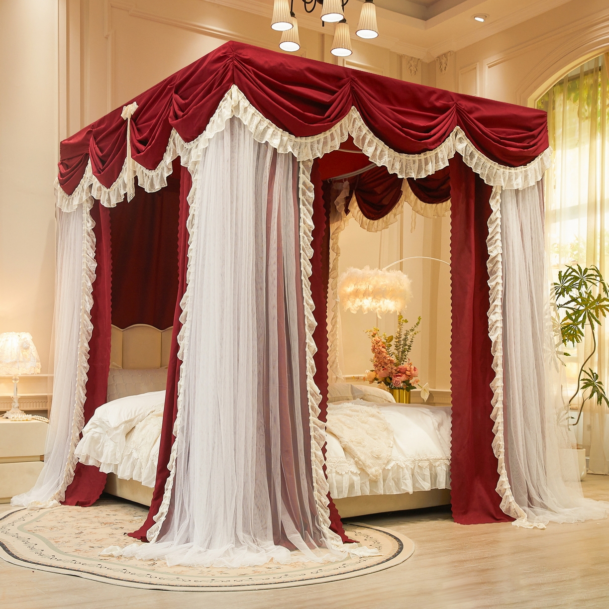 91家纺网 家纺一手货源 找家纺 艾晶美家纺有限公司 2026新款法式公主风 双杆双层落地床幔遮光蚊帐 蝶影栖纱-酒红