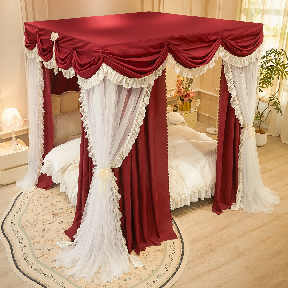 91家纺网 家纺一手货源 找家纺 艾晶美家纺有限公司 2026新款法式公主风 双杆双层落地床幔遮光蚊帐 蝶影栖纱-酒红