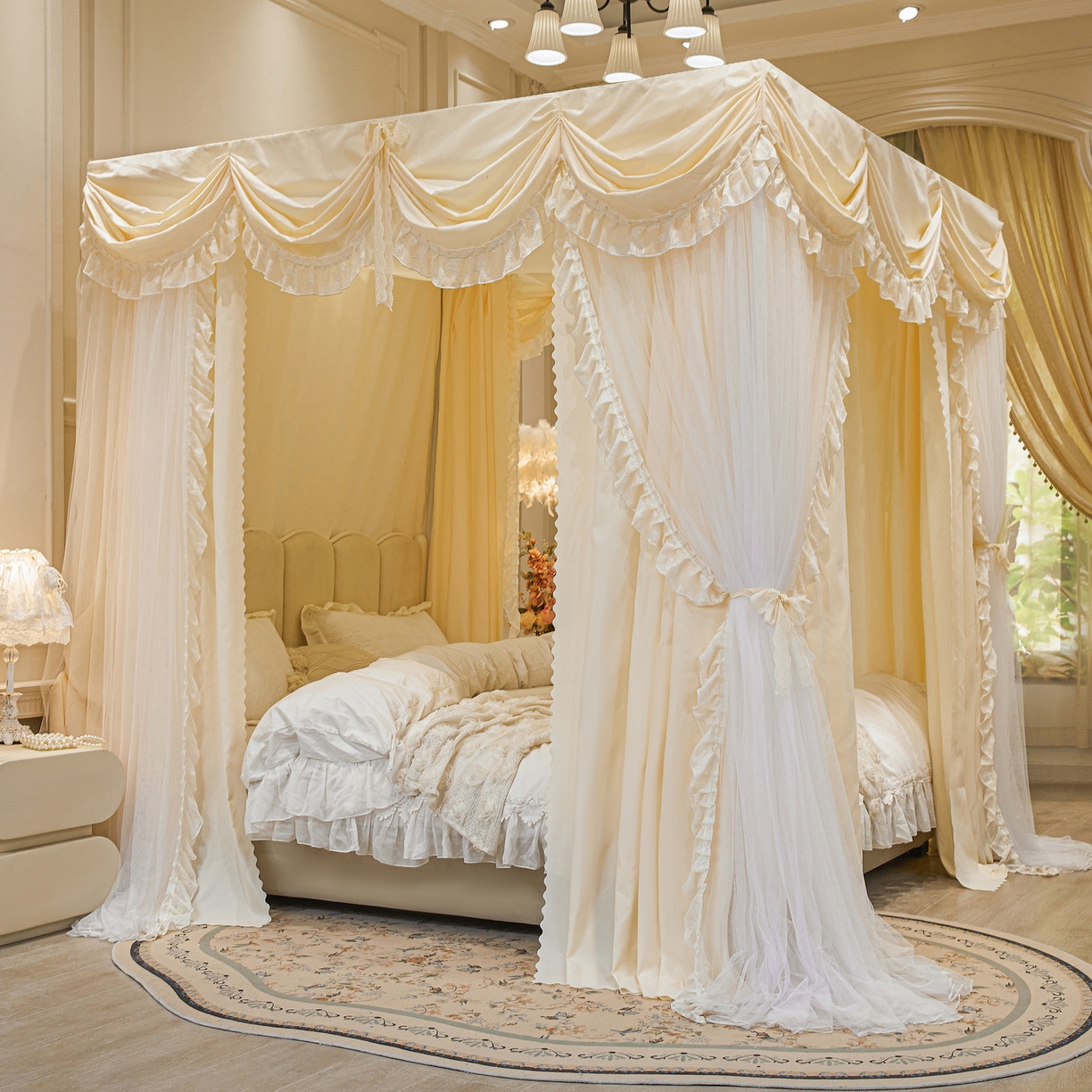 艾晶美家纺有限公司 2026新款法式公主风 双杆双层落地床幔遮光蚊帐 蝶影栖纱-奶黄
