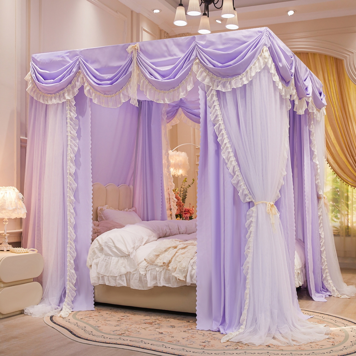艾晶美家纺有限公司 2026新款法式公主风 双杆双层落地床幔遮光蚊帐 蝶影栖纱-鸢紫