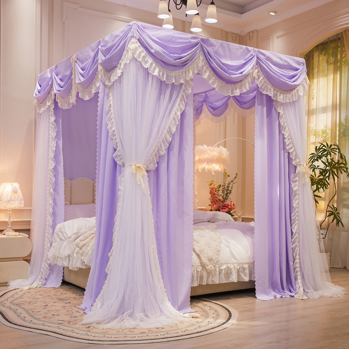 91家纺网 家纺一手货源 找家纺 艾晶美家纺有限公司 2026新款法式公主风 双杆双层落地床幔遮光蚊帐 蝶影栖纱-鸢紫