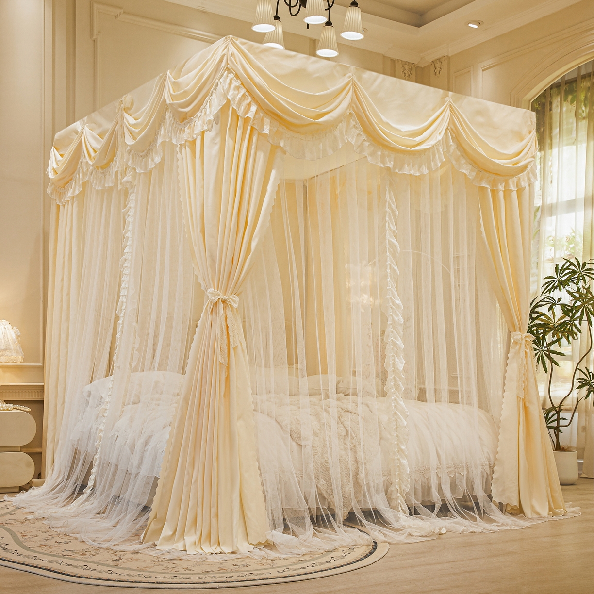 91家纺网 家纺一手货源 找家纺 艾晶美家纺有限公司 2026新款法式公主风 双杆双层落地床幔遮光蚊帐 蝶影栖纱-奶黄