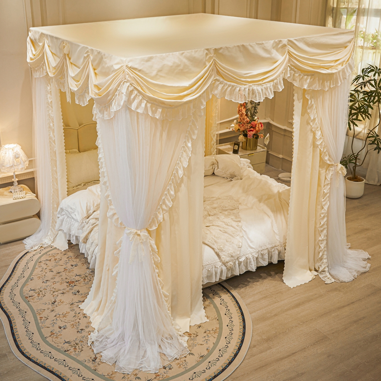 91家纺网 家纺一手货源 找家纺 艾晶美家纺有限公司 2026新款法式公主风 双杆双层落地床幔遮光蚊帐 蝶影栖纱-奶黄