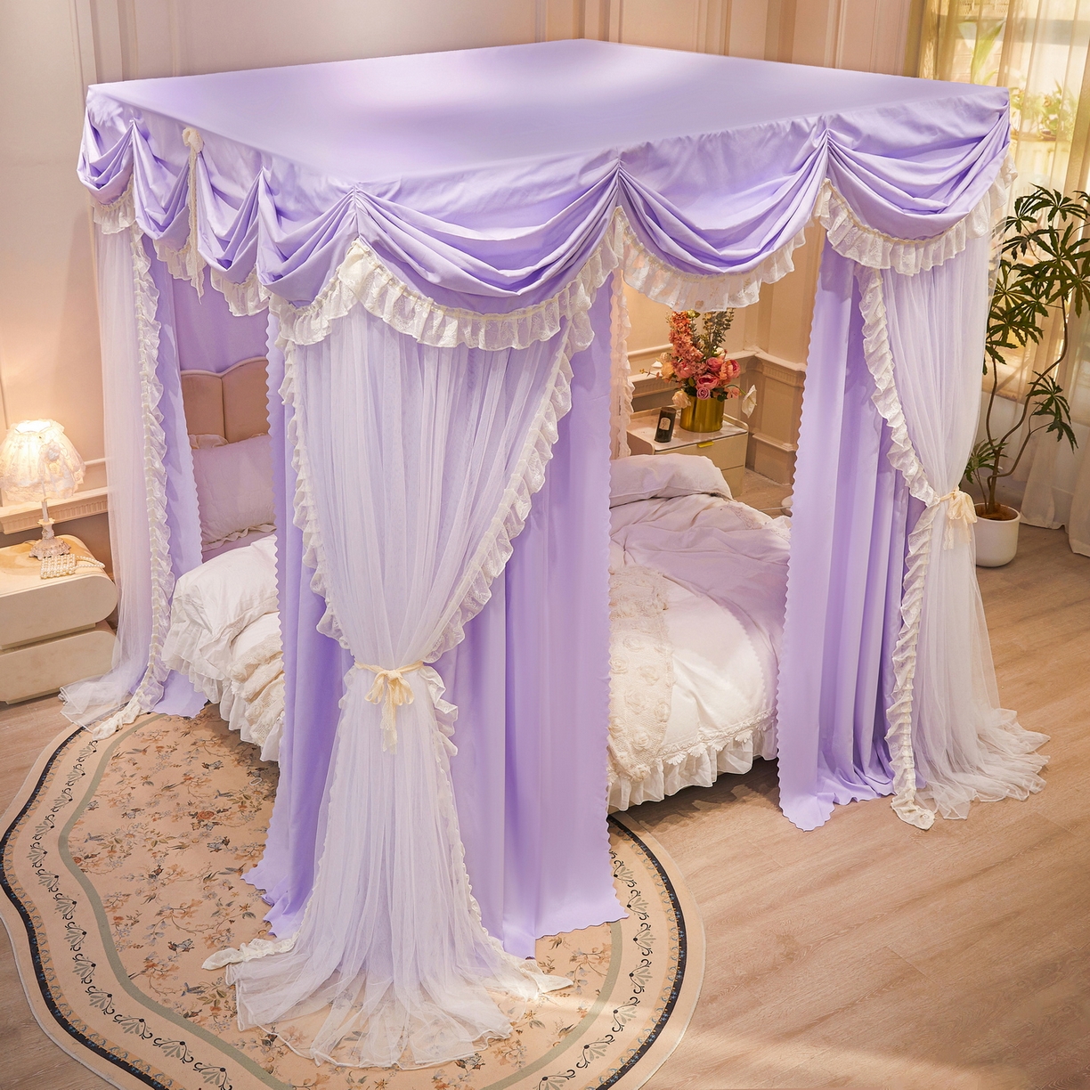 91家纺网 家纺一手货源 找家纺 艾晶美家纺有限公司 2026新款法式公主风 双杆双层落地床幔遮光蚊帐 蝶影栖纱-鸢紫