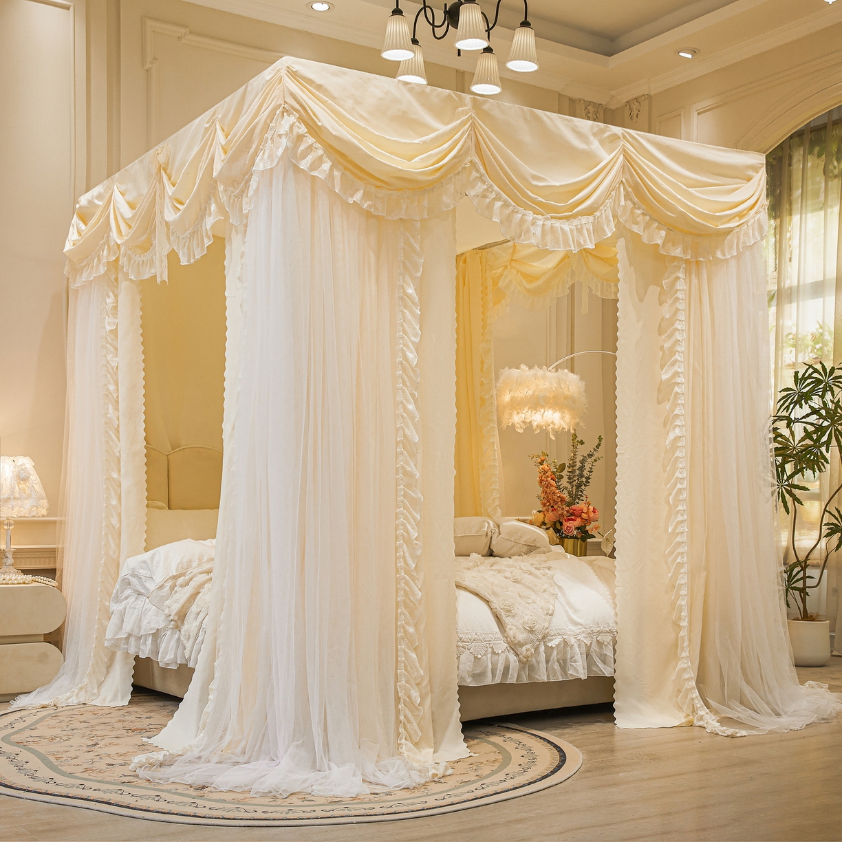 91家纺网 家纺一手货源 找家纺 艾晶美家纺有限公司 2026新款法式公主风 双杆双层落地床幔遮光蚊帐 蝶影栖纱-奶黄