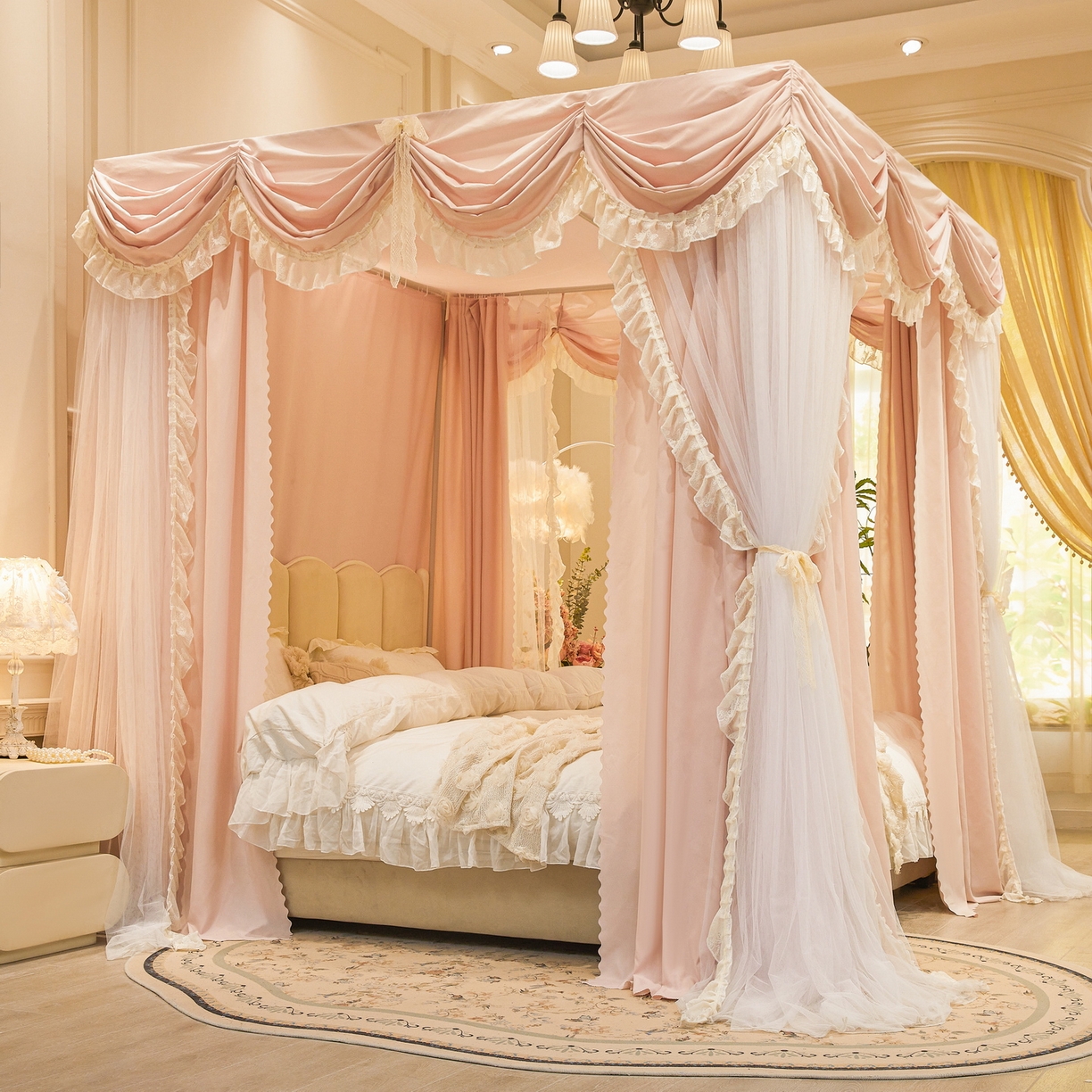 艾晶美家纺有限公司 2026新款法式公主风 双杆双层落地床幔遮光蚊帐 蝶影栖纱-水粉