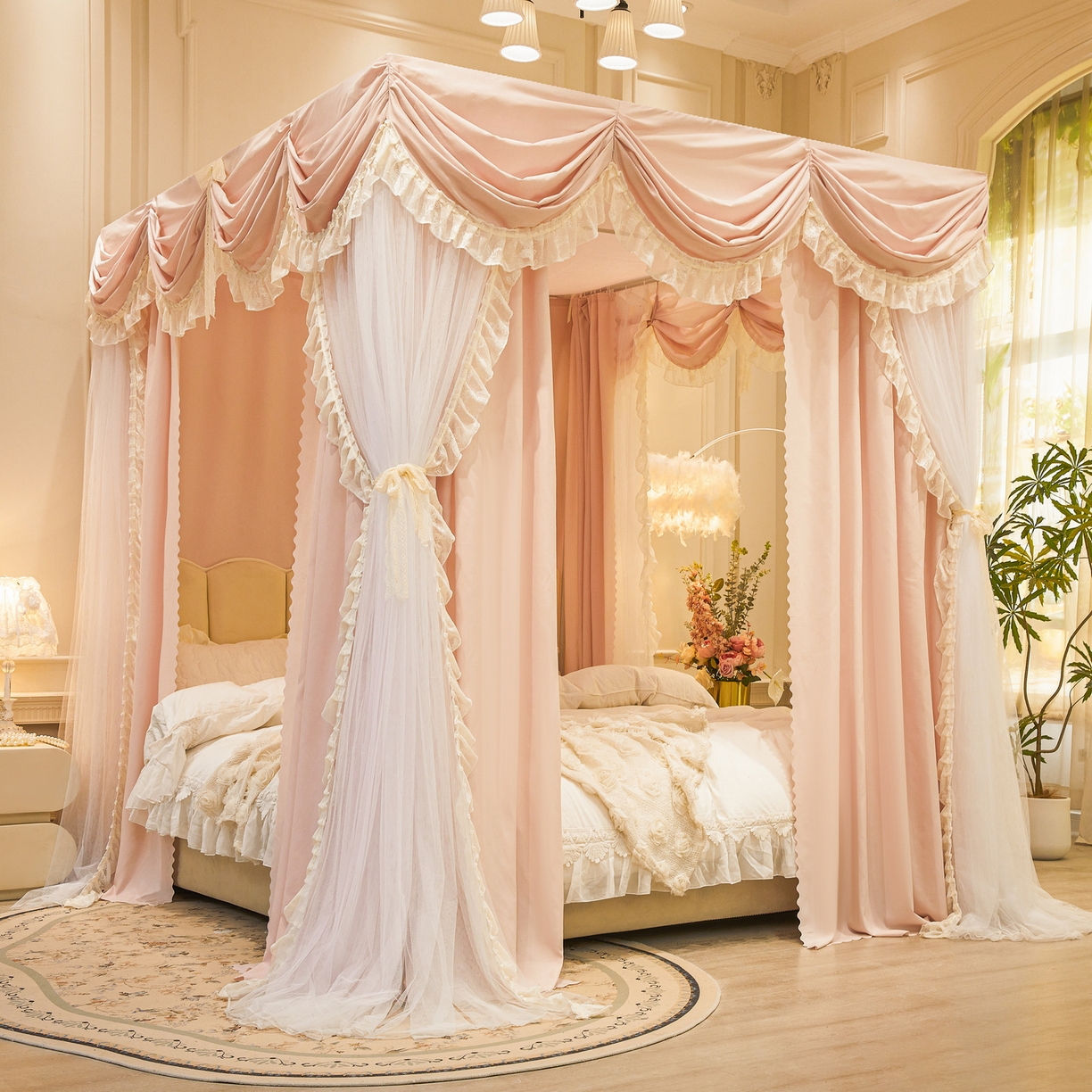 91家纺网 家纺一手货源 找家纺 艾晶美家纺有限公司 2026新款法式公主风 双杆双层落地床幔遮光蚊帐 蝶影栖纱-水粉