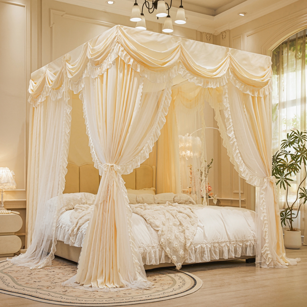 91家纺网 家纺一手货源 找家纺 艾晶美家纺有限公司 2026新款法式公主风 双杆双层落地床幔遮光蚊帐 蝶影栖纱-奶黄