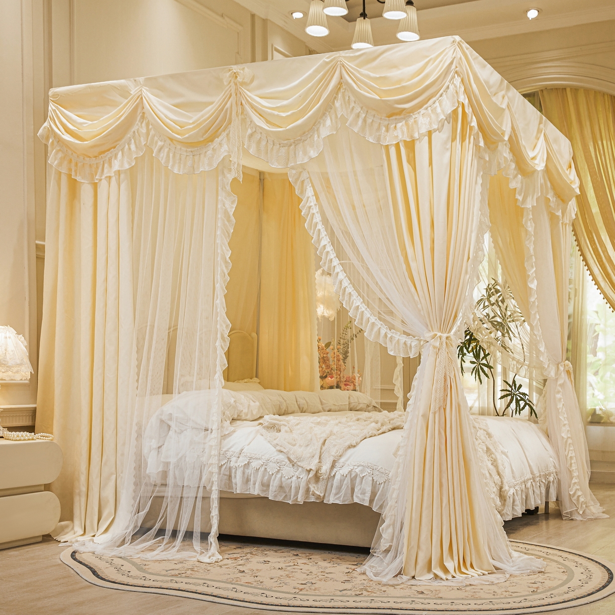 91家纺网 家纺一手货源 找家纺 艾晶美家纺有限公司 2026新款法式公主风 双杆双层落地床幔遮光蚊帐 蝶影栖纱-奶黄
