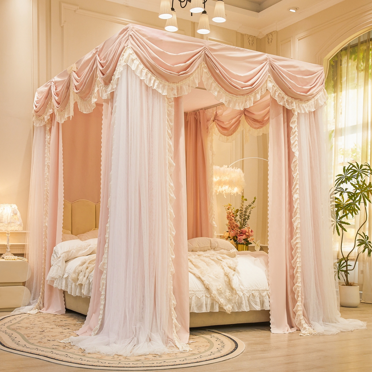 91家纺网 家纺一手货源 找家纺 艾晶美家纺有限公司 2026新款法式公主风 双杆双层落地床幔遮光蚊帐 蝶影栖纱-水粉