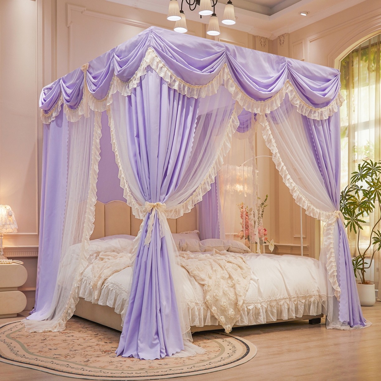 91家纺网 家纺一手货源 找家纺 艾晶美家纺有限公司 2026新款法式公主风 双杆双层落地床幔遮光蚊帐 蝶影栖纱-鸢紫