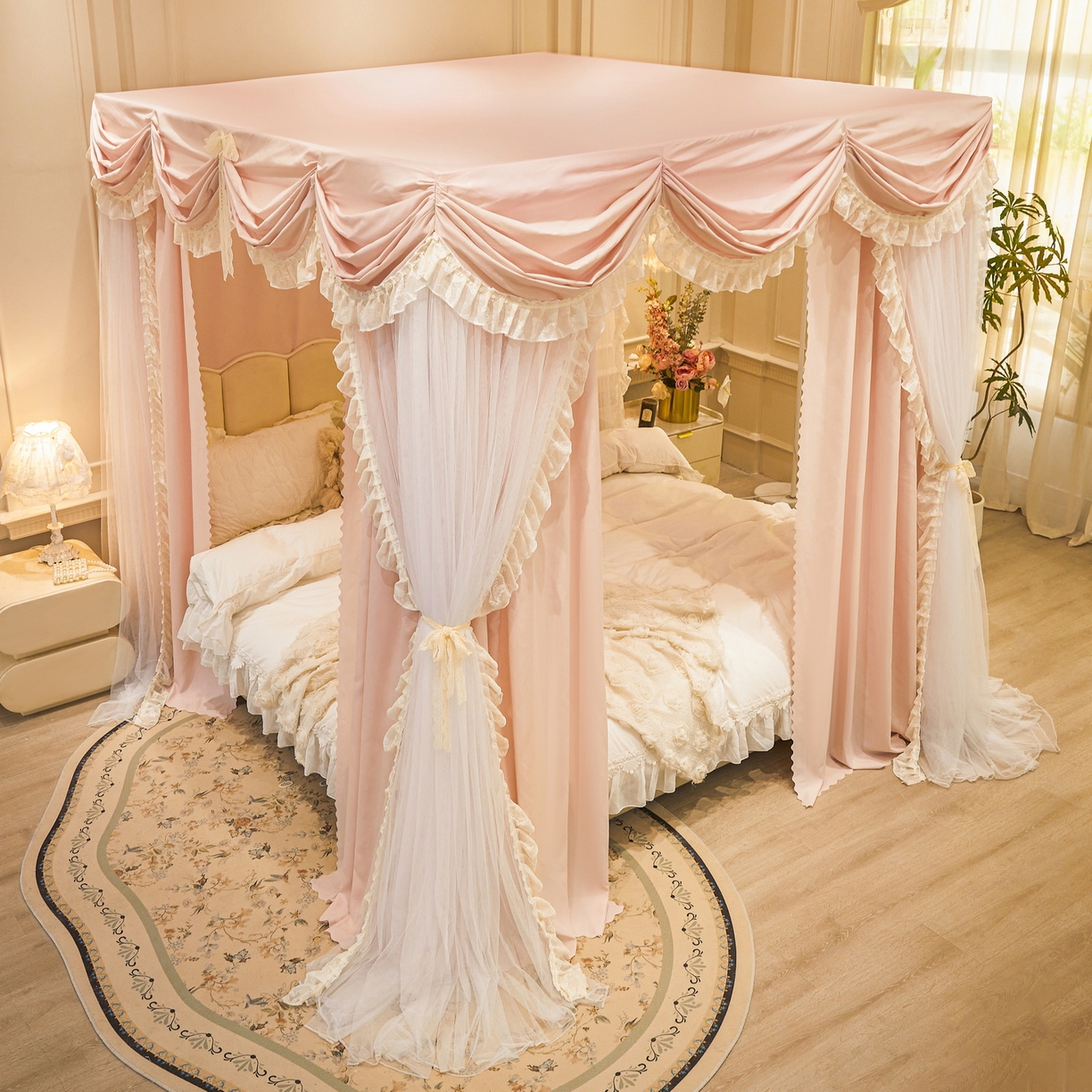 91家纺网 家纺一手货源 找家纺 艾晶美家纺有限公司 2026新款法式公主风 双杆双层落地床幔遮光蚊帐 蝶影栖纱-水粉