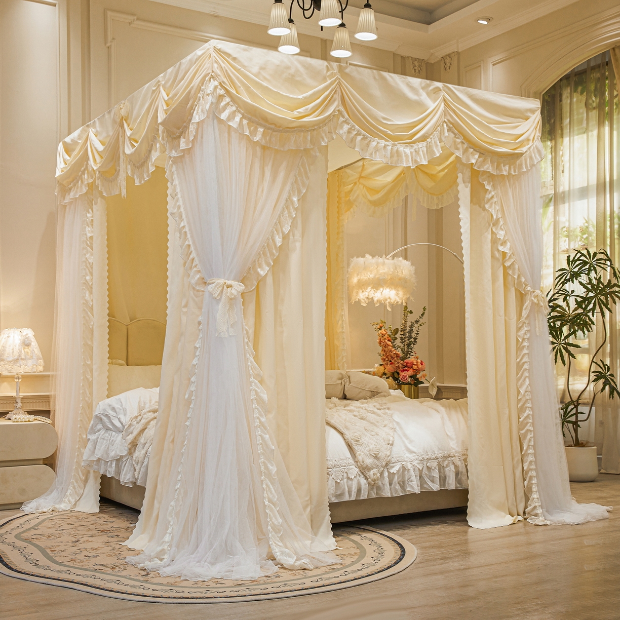 91家纺网 家纺一手货源 找家纺 艾晶美家纺有限公司 2026新款法式公主风 双杆双层落地床幔遮光蚊帐 蝶影栖纱-奶黄