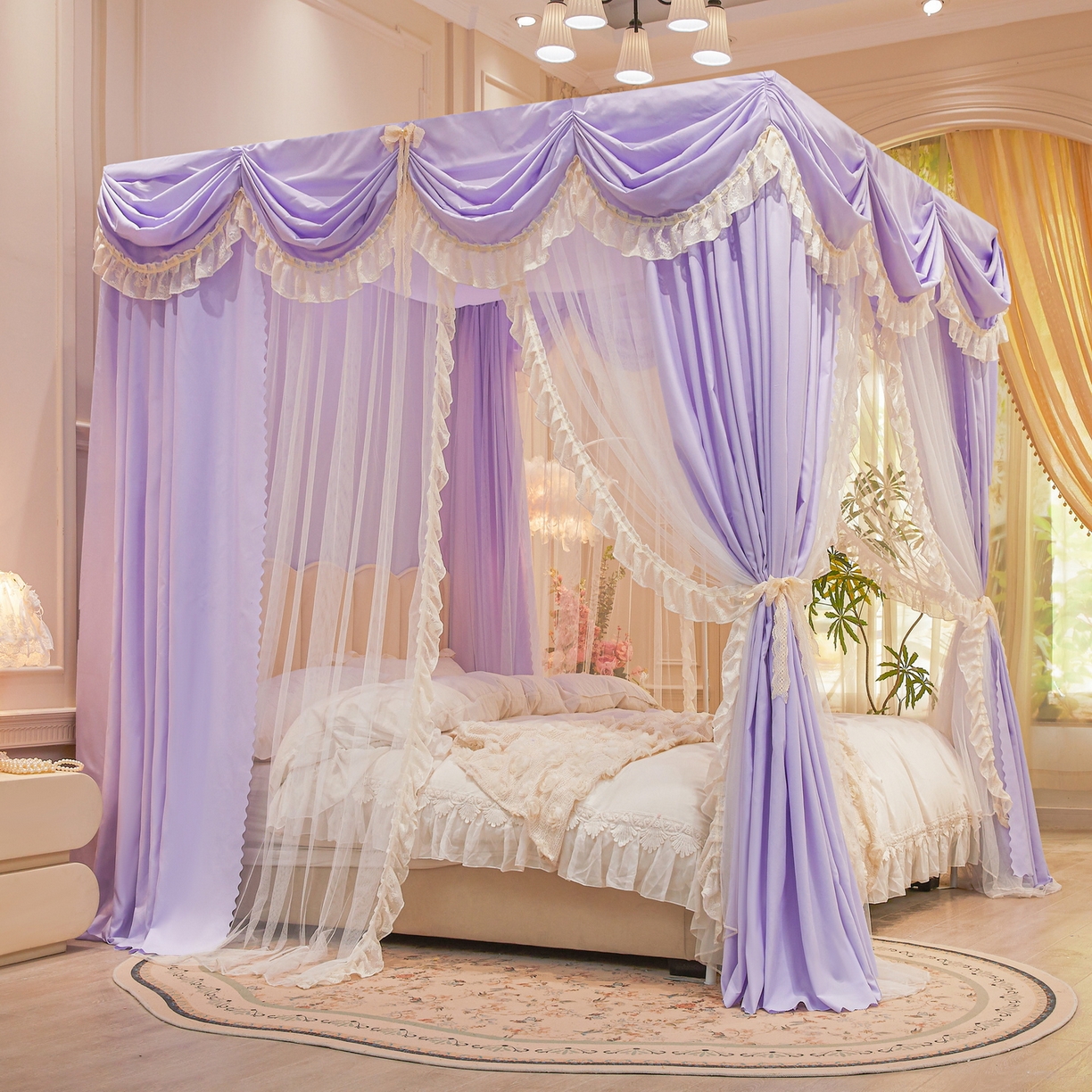 91家纺网 家纺一手货源 找家纺 艾晶美家纺有限公司 2026新款法式公主风 双杆双层落地床幔遮光蚊帐 蝶影栖纱-鸢紫