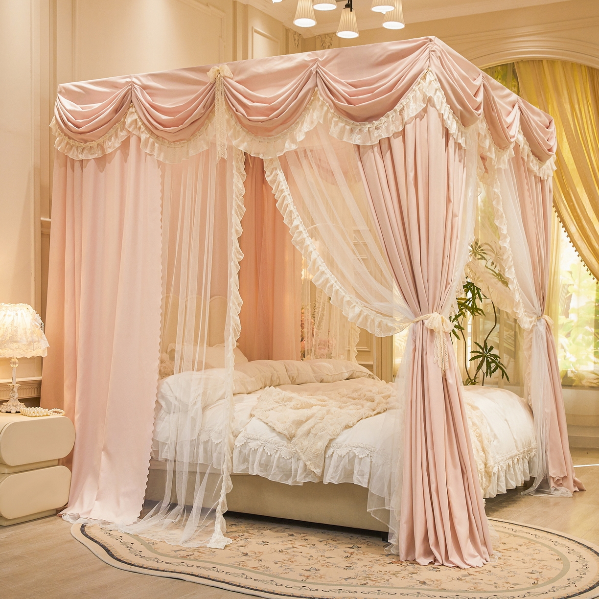 91家纺网 家纺一手货源 找家纺 艾晶美家纺有限公司 2026新款法式公主风 双杆双层落地床幔遮光蚊帐 蝶影栖纱-水粉