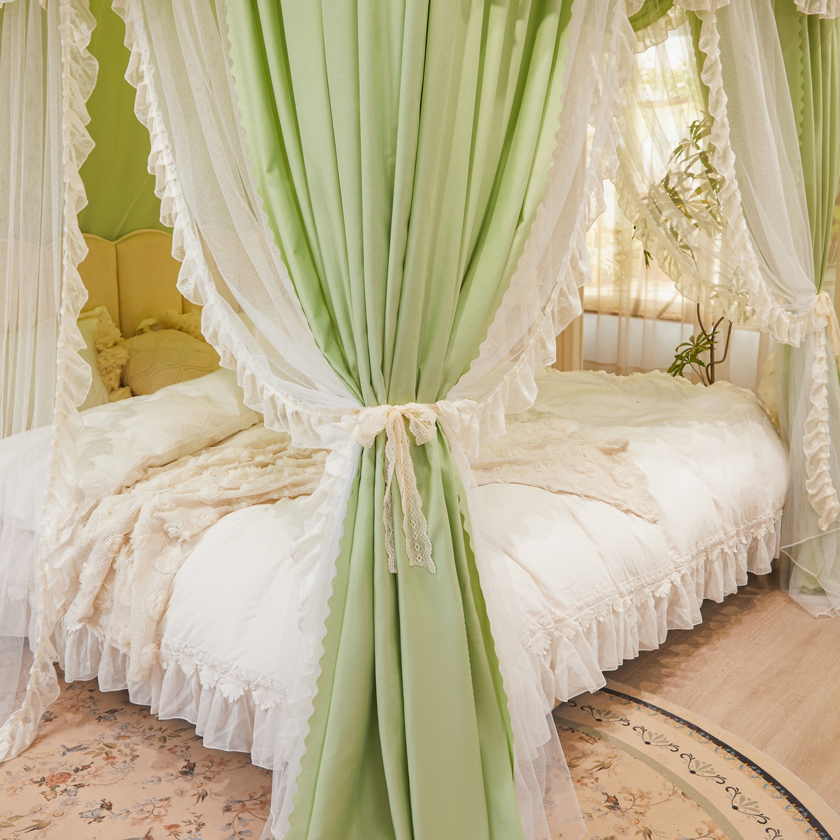 91家纺网 家纺一手货源 找家纺 艾晶美家纺有限公司 2026新款法式公主风 双杆双层落地床幔遮光蚊帐 蝶影栖纱-荷绿
