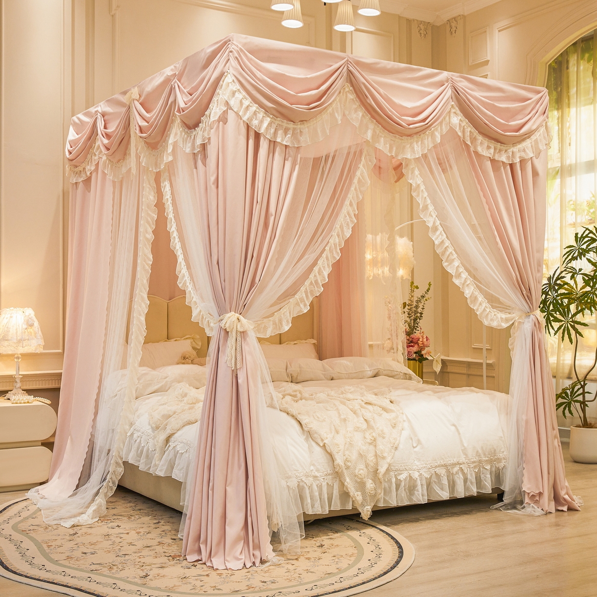 91家纺网 家纺一手货源 找家纺 艾晶美家纺有限公司 2026新款法式公主风 双杆双层落地床幔遮光蚊帐 蝶影栖纱-水粉