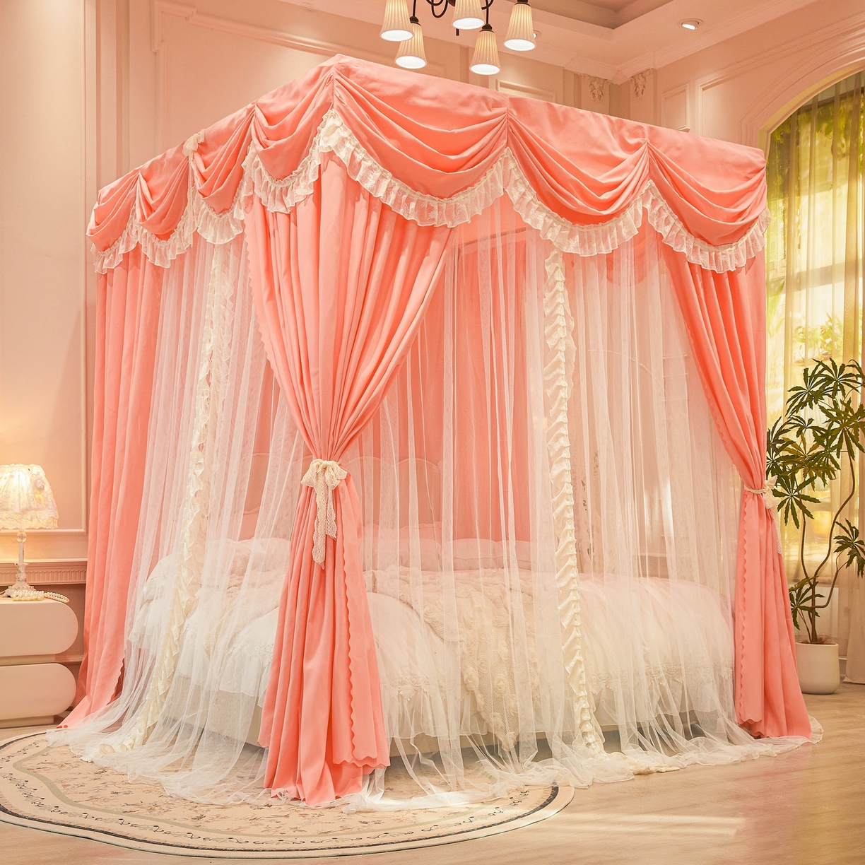 91家纺网 家纺一手货源 找家纺 艾晶美家纺有限公司 2026新款法式公主风 双杆双层落地床幔遮光蚊帐 蝶影栖纱-暖玉