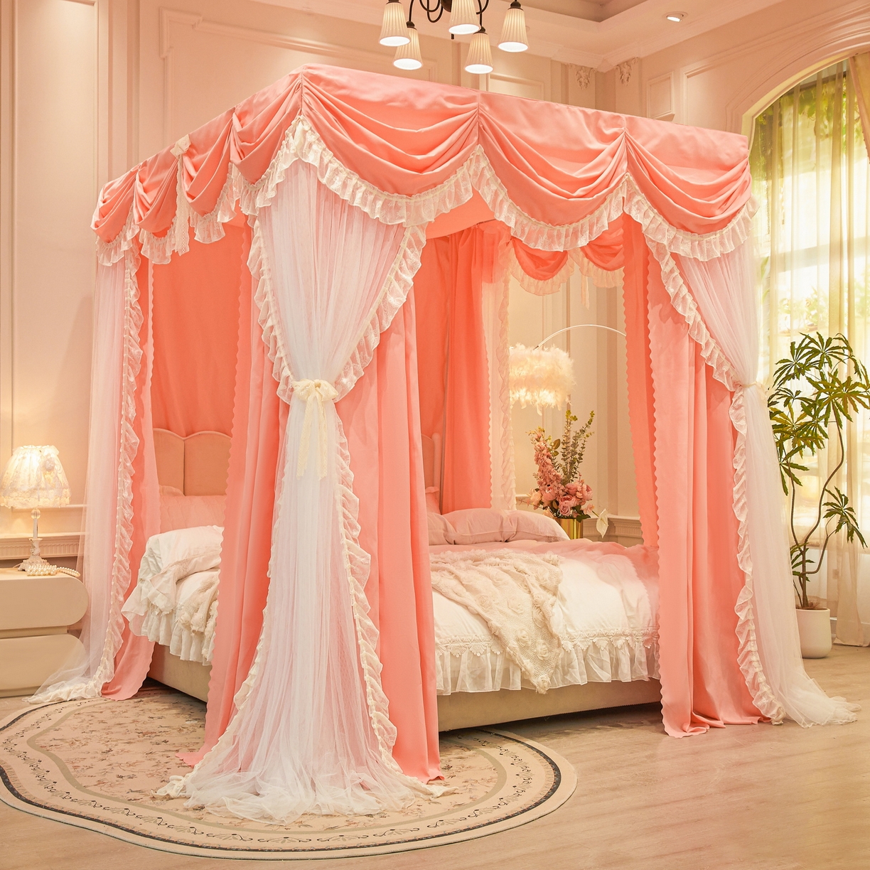 91家纺网 家纺一手货源 找家纺 艾晶美家纺有限公司 2026新款法式公主风 双杆双层落地床幔遮光蚊帐 蝶影栖纱-暖玉