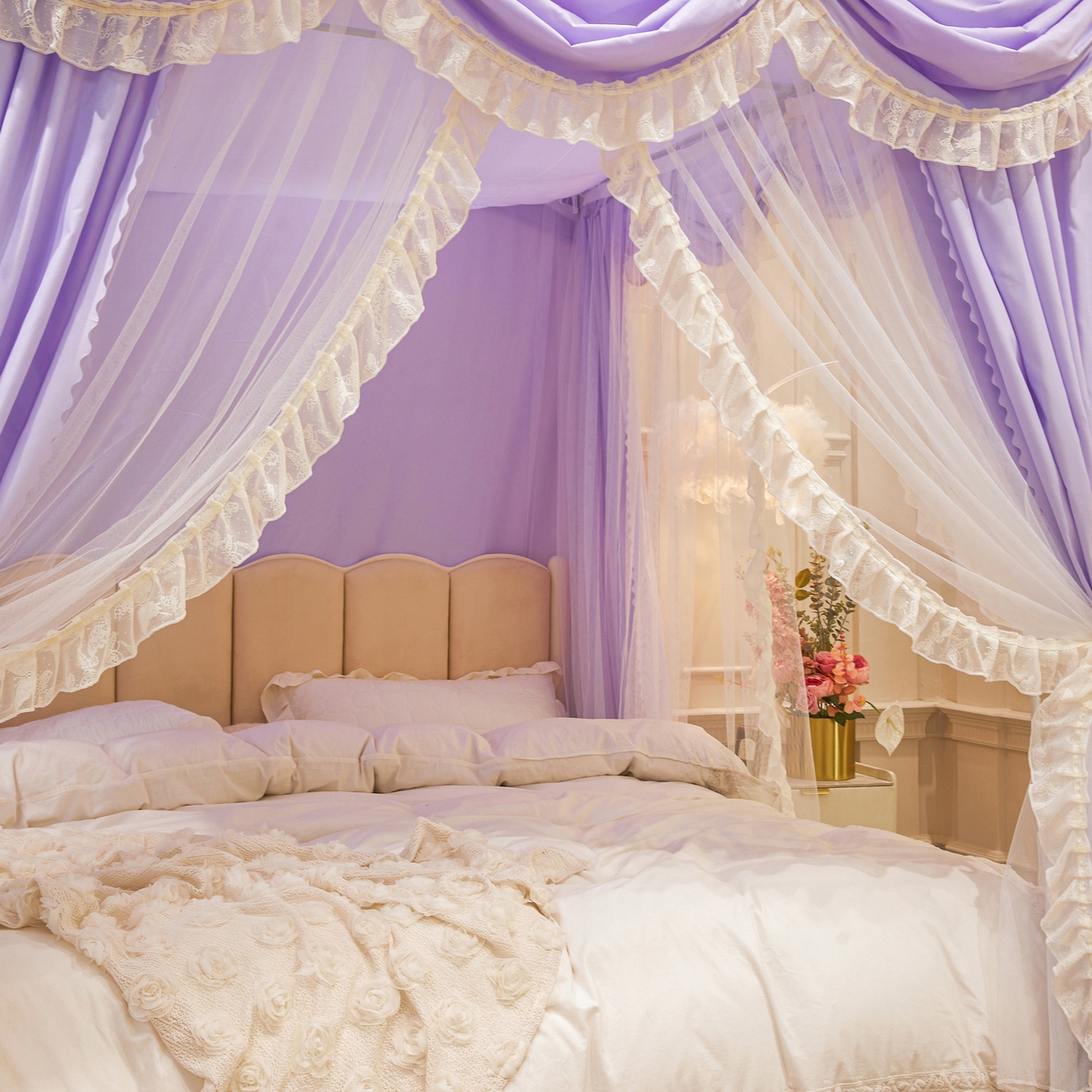 91家纺网 家纺一手货源 找家纺 艾晶美家纺有限公司 2026新款法式公主风 双杆双层落地床幔遮光蚊帐 蝶影栖纱-鸢紫