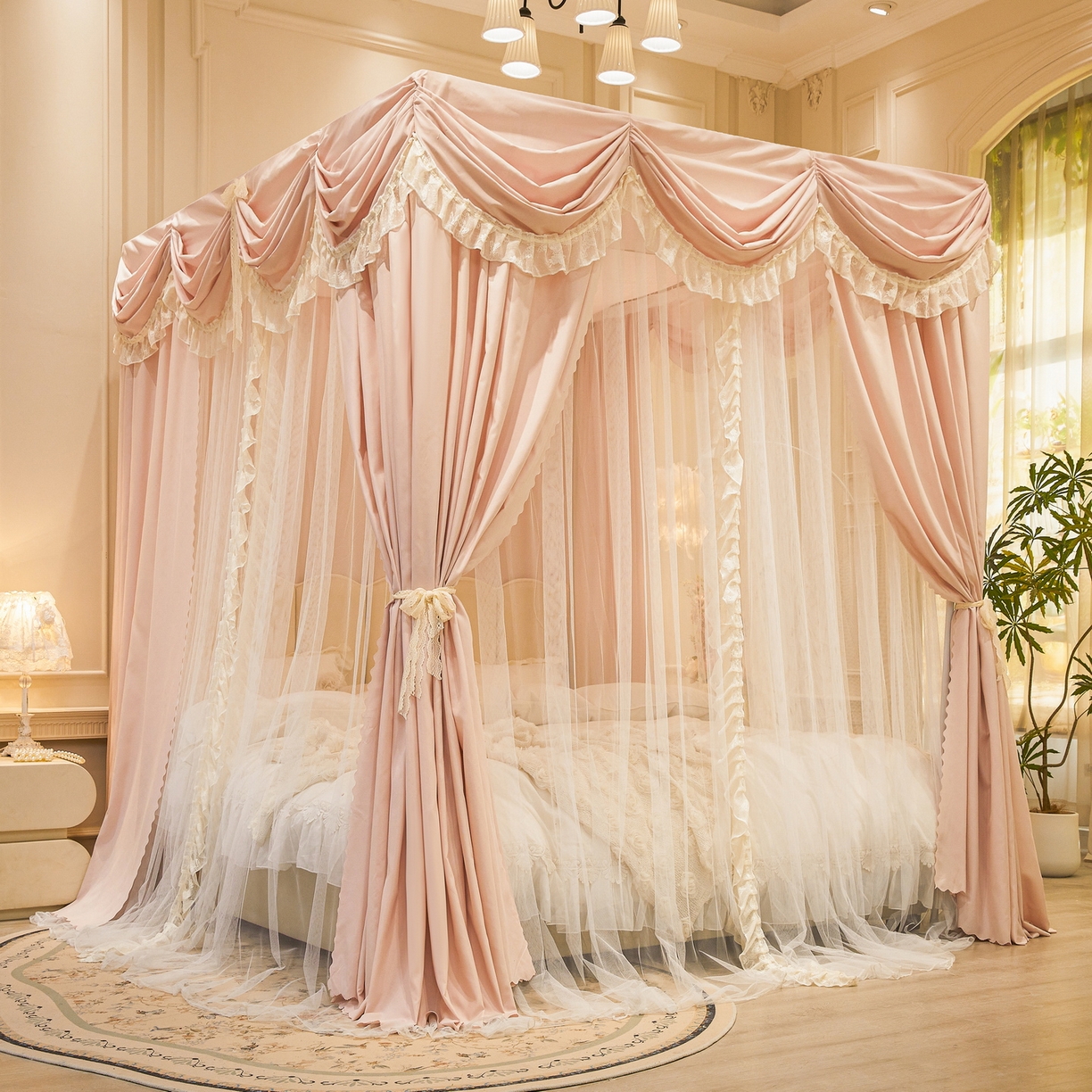 91家纺网 家纺一手货源 找家纺 艾晶美家纺有限公司 2026新款法式公主风 双杆双层落地床幔遮光蚊帐 蝶影栖纱-水粉