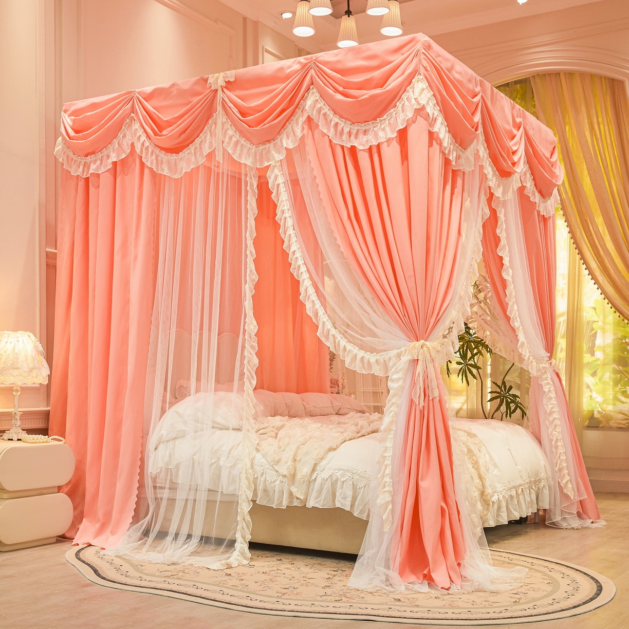 91家纺网 家纺一手货源 找家纺 艾晶美家纺有限公司 2026新款法式公主风 双杆双层落地床幔遮光蚊帐 蝶影栖纱-暖玉