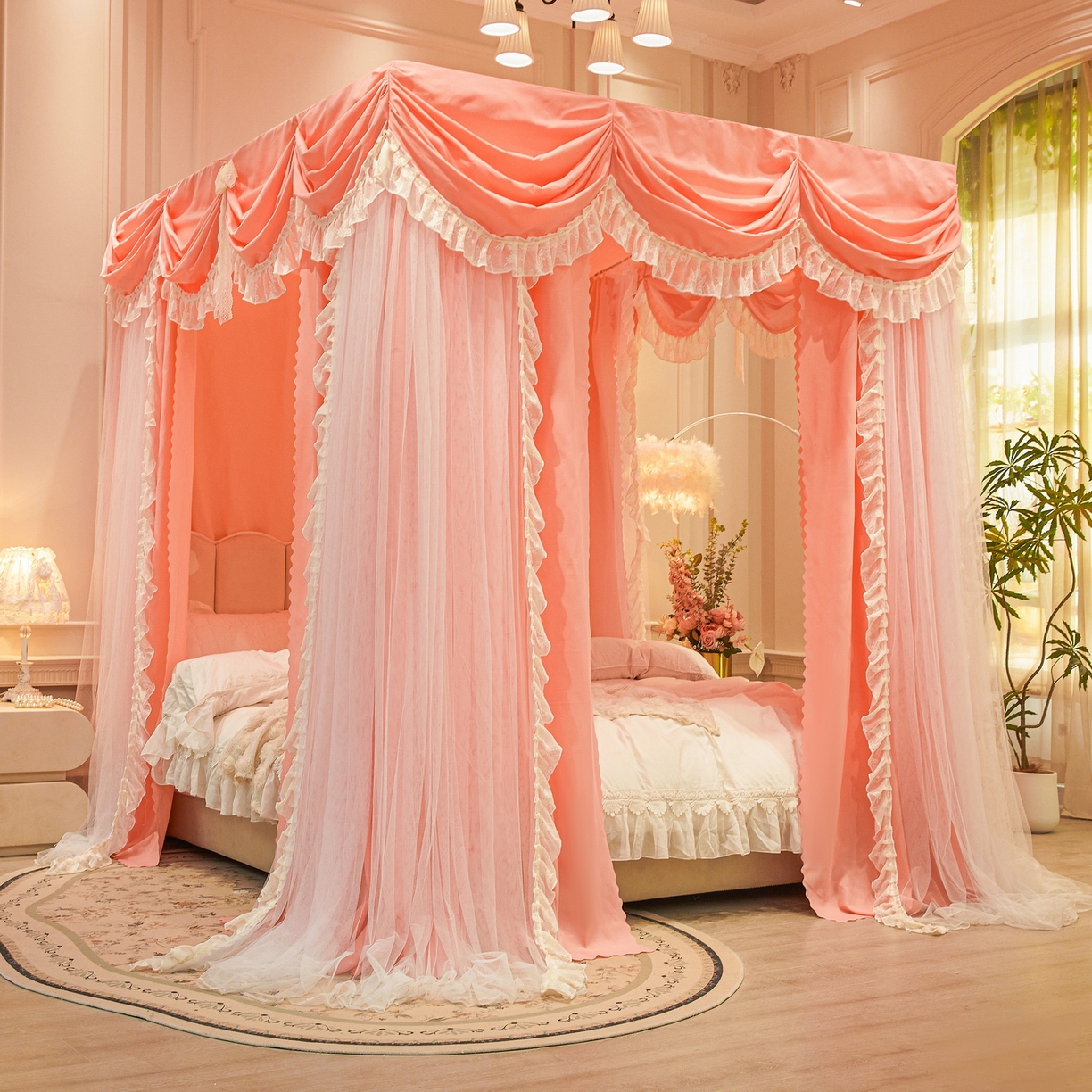 91家纺网 家纺一手货源 找家纺 艾晶美家纺有限公司 2026新款法式公主风 双杆双层落地床幔遮光蚊帐 蝶影栖纱-暖玉