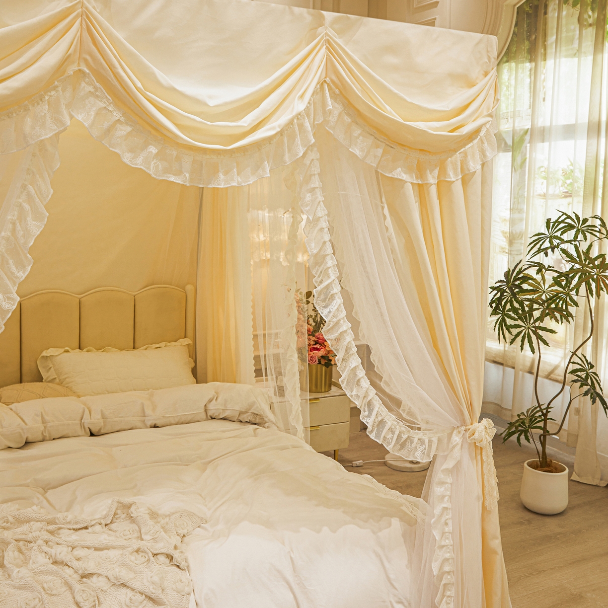 91家纺网 家纺一手货源 找家纺 艾晶美家纺有限公司 2026新款法式公主风 双杆双层落地床幔遮光蚊帐 蝶影栖纱-奶黄