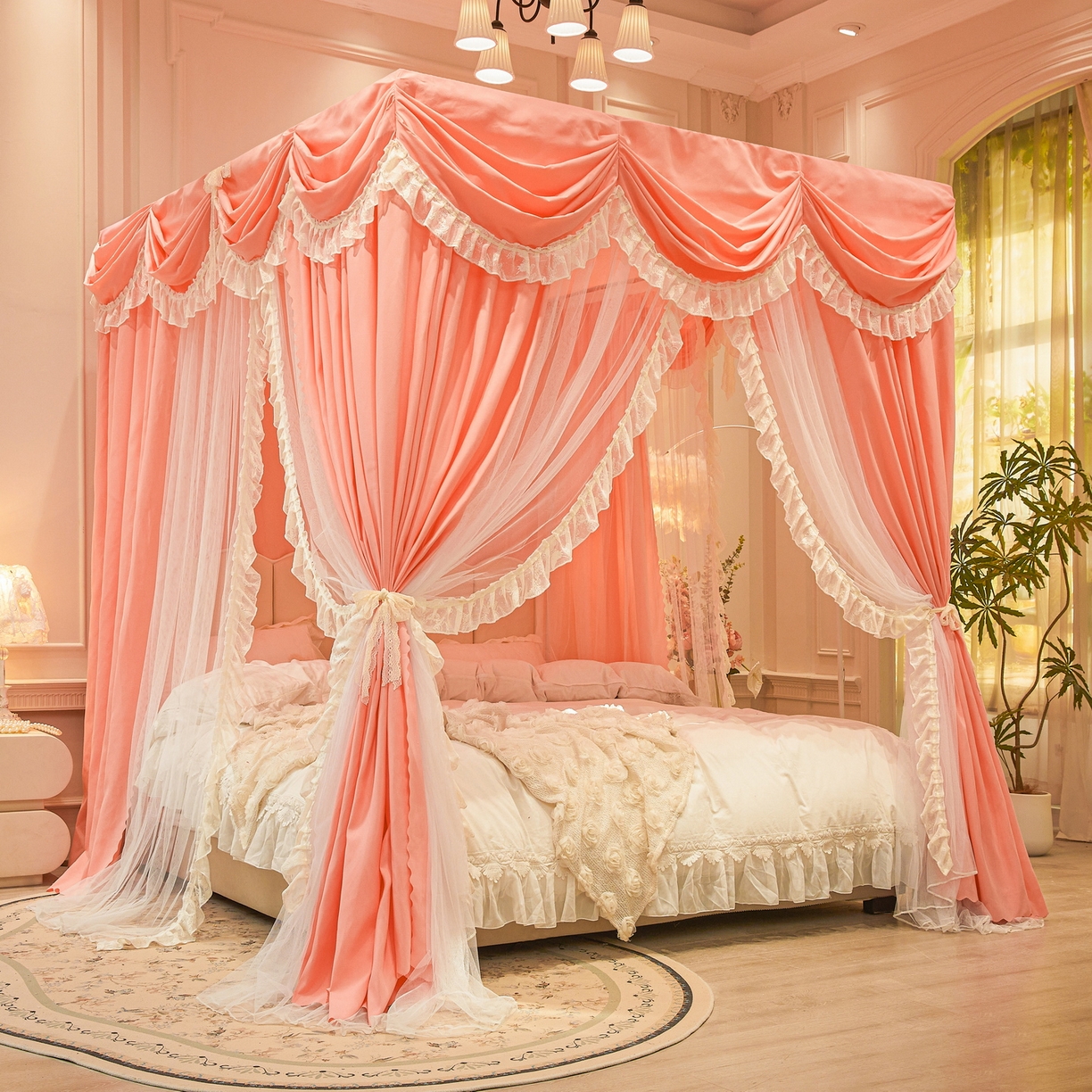 91家纺网 家纺一手货源 找家纺 艾晶美家纺有限公司 2026新款法式公主风 双杆双层落地床幔遮光蚊帐 蝶影栖纱-暖玉