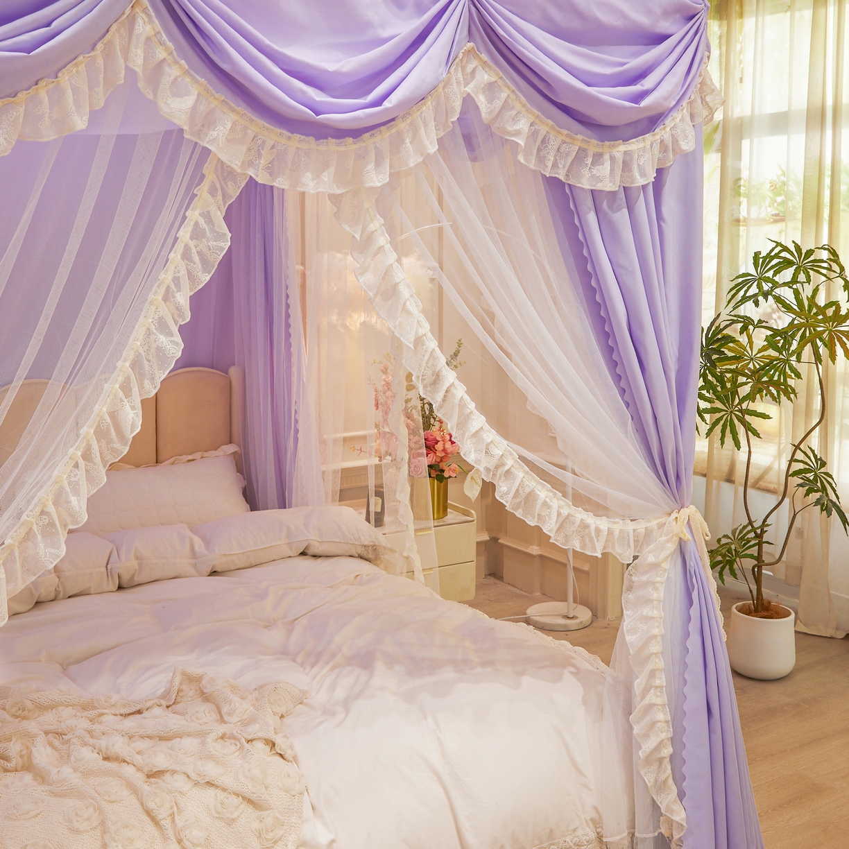 91家纺网 家纺一手货源 找家纺 艾晶美家纺有限公司 2026新款法式公主风 双杆双层落地床幔遮光蚊帐 蝶影栖纱-鸢紫