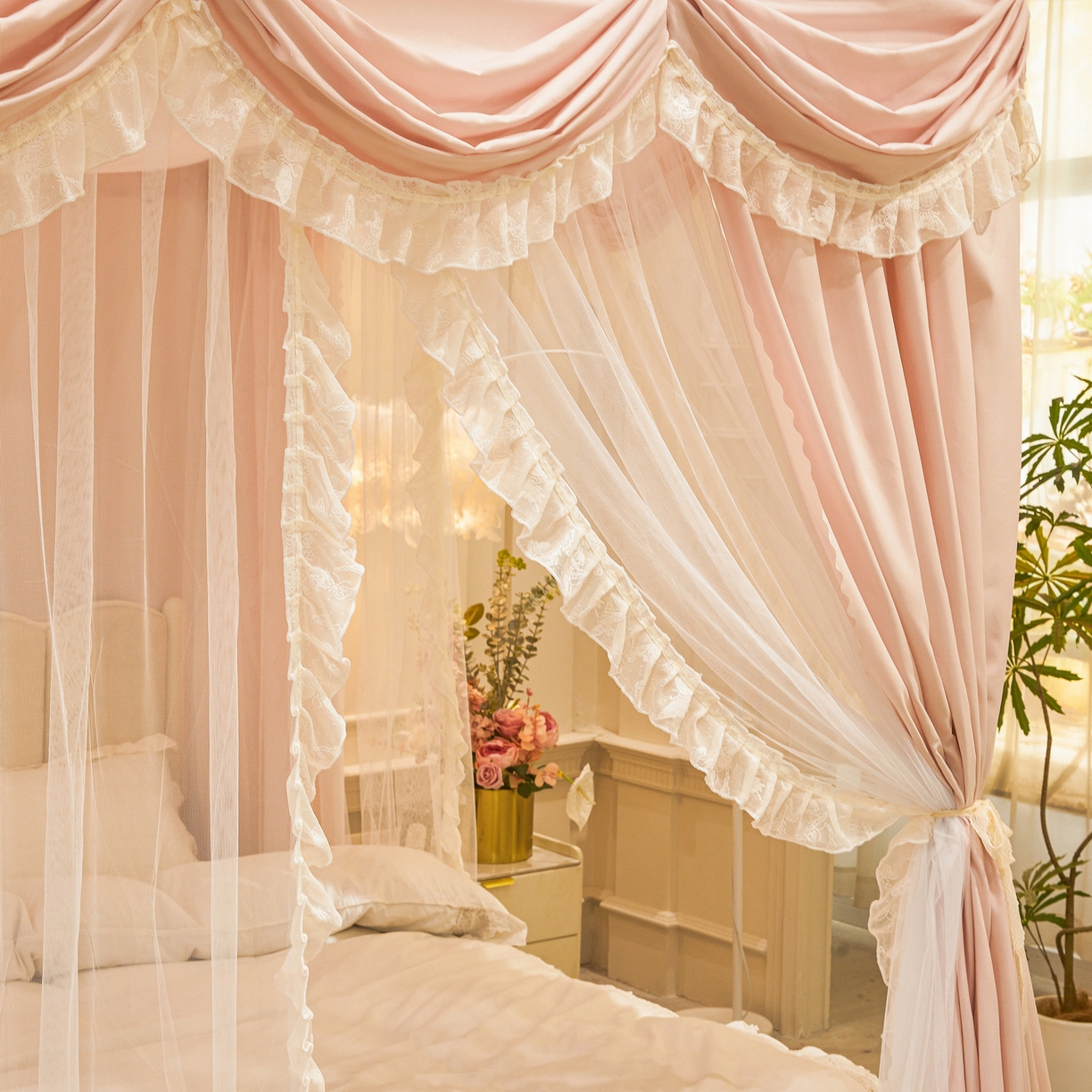 91家纺网 家纺一手货源 找家纺 艾晶美家纺有限公司 2026新款法式公主风 双杆双层落地床幔遮光蚊帐 蝶影栖纱-水粉