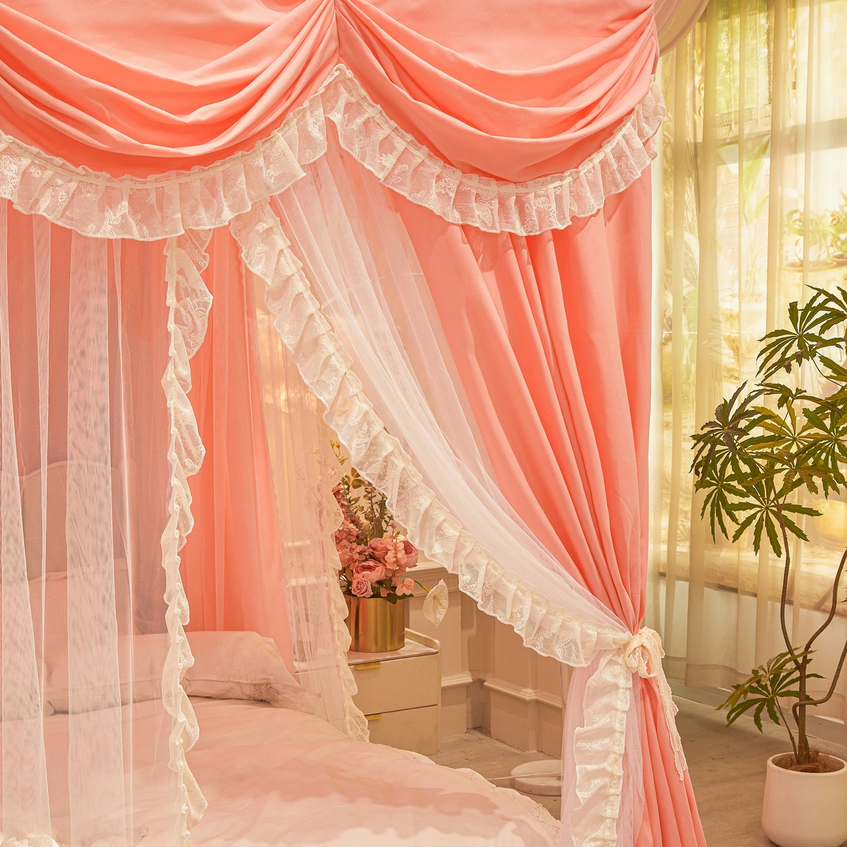 91家纺网 家纺一手货源 找家纺 艾晶美家纺有限公司 2026新款法式公主风 双杆双层落地床幔遮光蚊帐 蝶影栖纱-暖玉