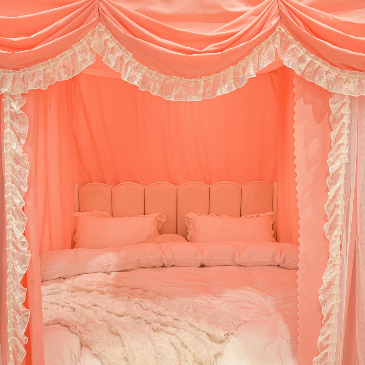 91家纺网 家纺一手货源 找家纺 艾晶美家纺有限公司 2026新款法式公主风 双杆双层落地床幔遮光蚊帐 蝶影栖纱-暖玉