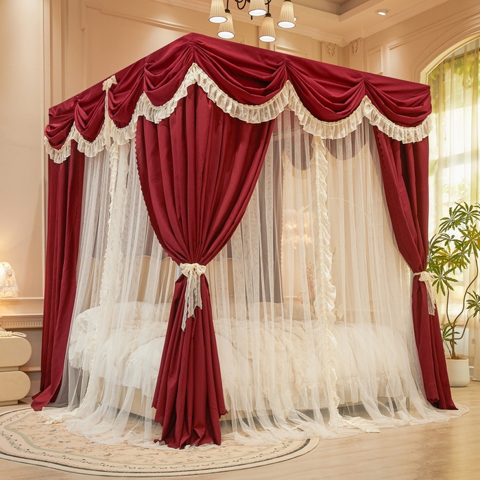 91家纺网 家纺一手货源 找家纺 （总）艾晶美家纺有限公司 2026新款法式公主风 双杆双层落地床幔遮光蚊帐