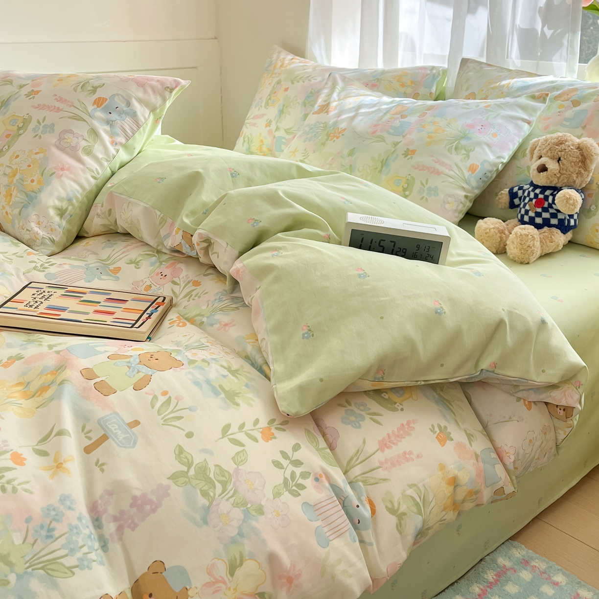 91家纺网 家纺一手货源 找家纺 吉象家纺 2026新款高支密全棉印花四件套 春游手记