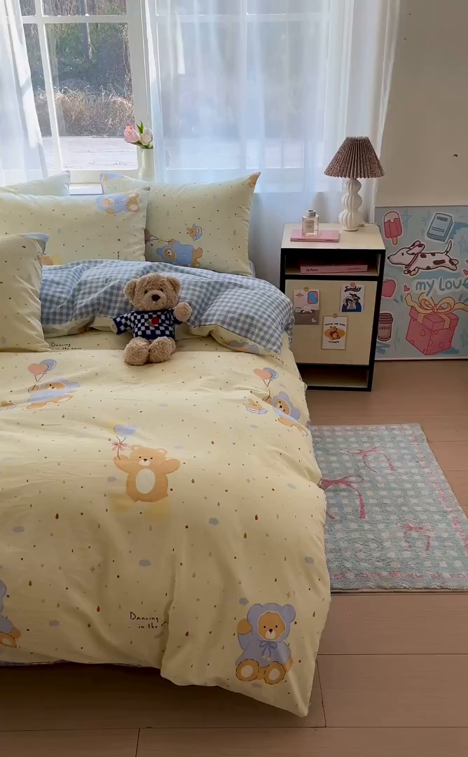 91家纺网 家纺一手货源 找家纺 吉象家纺 2026新款高支密全棉印花四件套 点点小熊