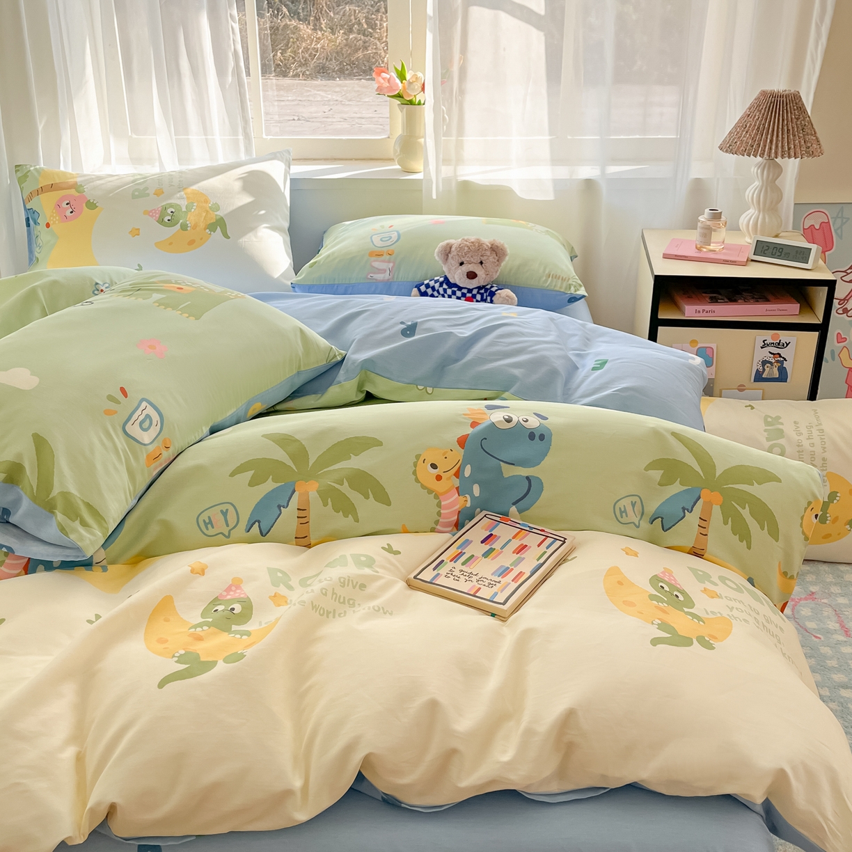 91家纺网 家纺一手货源 找家纺 吉象家纺 2026新款高支密全棉印花四件套 度假恐龙